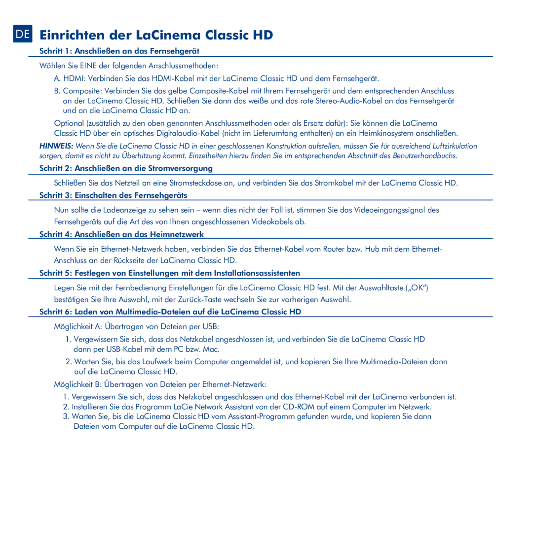 LaCie La Cinema Classic HD manual DE Einrichten der LaCinema Classic HD 