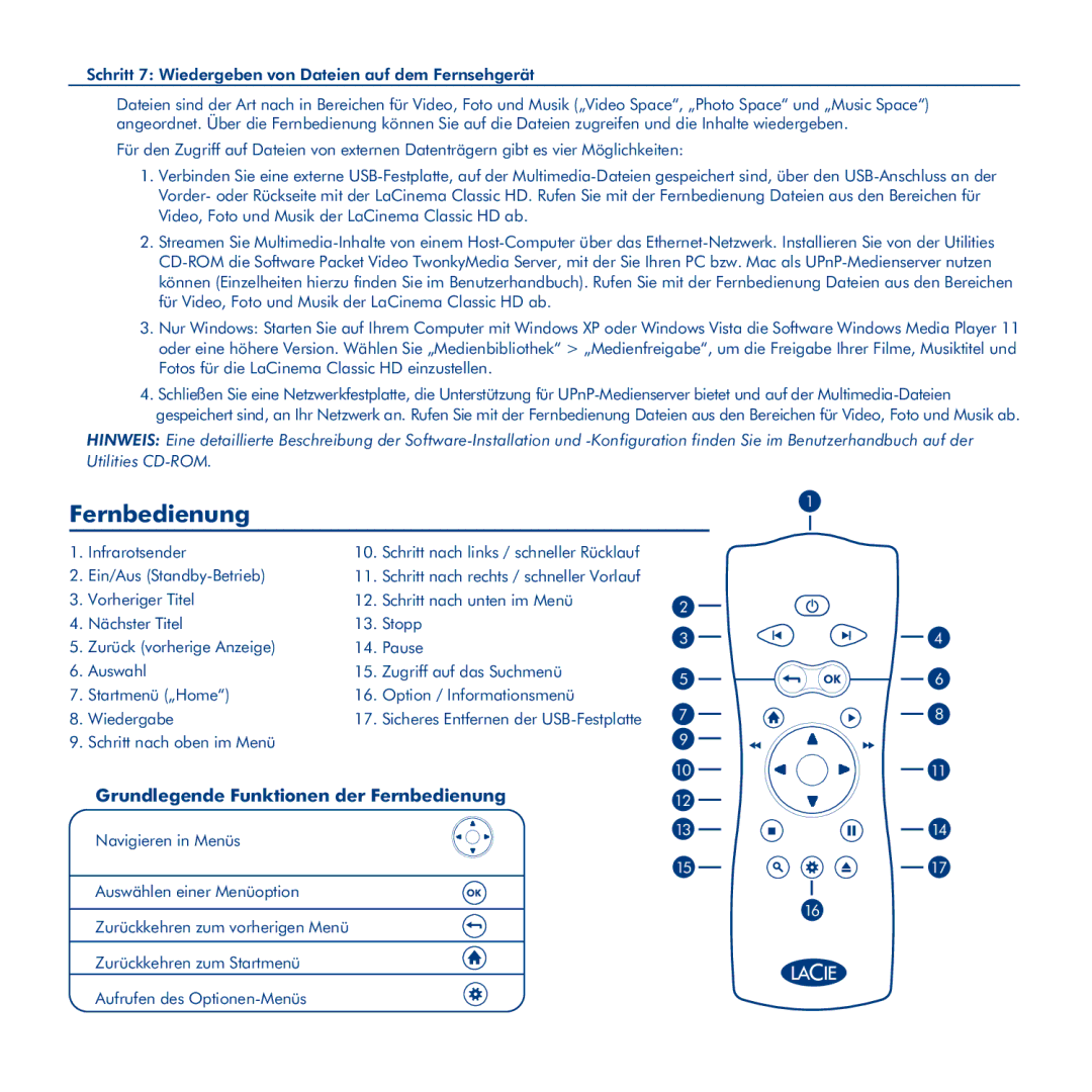 LaCie La Cinema Classic HD manual Grundlegende Funktionen der Fernbedienung 