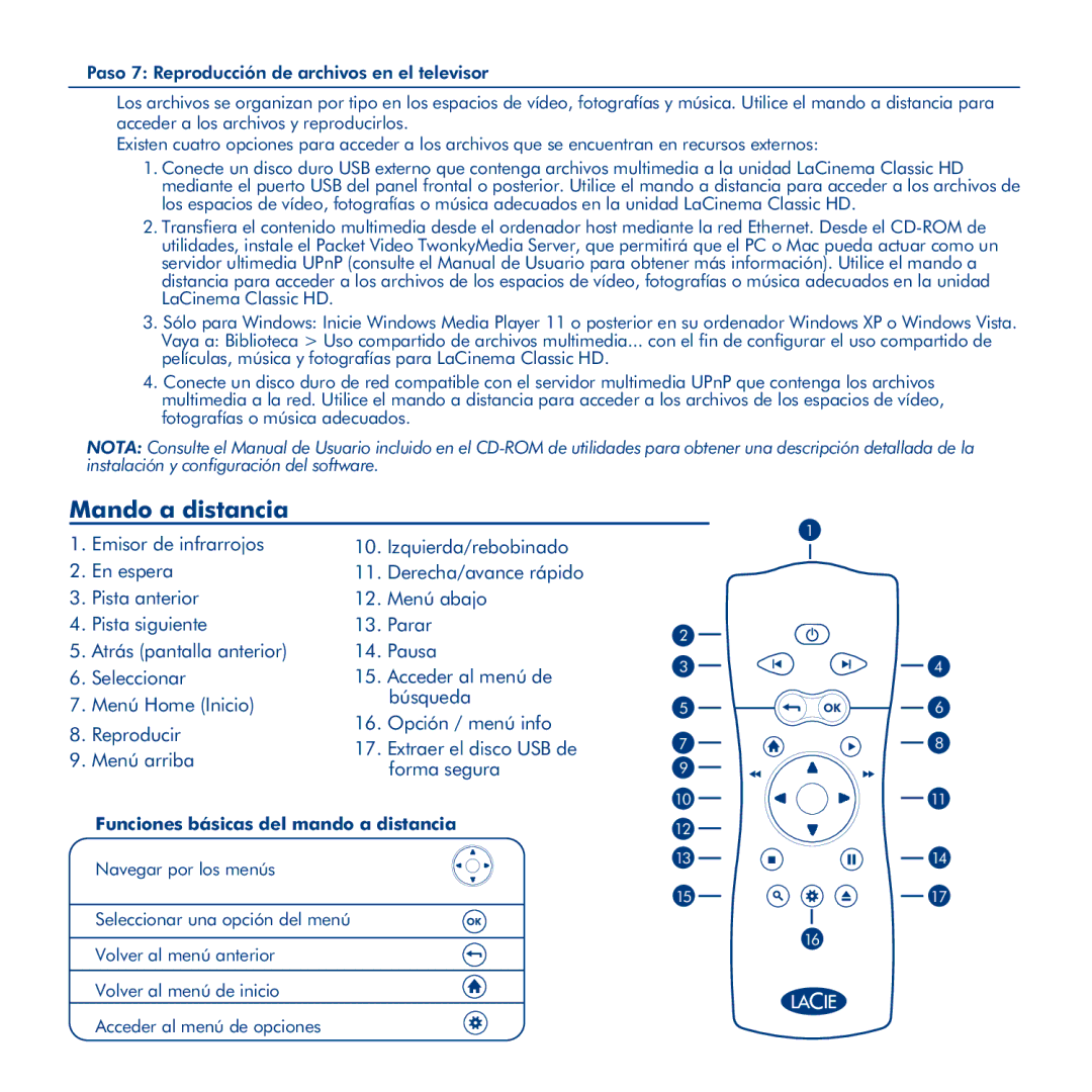 LaCie La Cinema Classic HD manual Mando a distancia, Funciones básicas del mando a distancia 