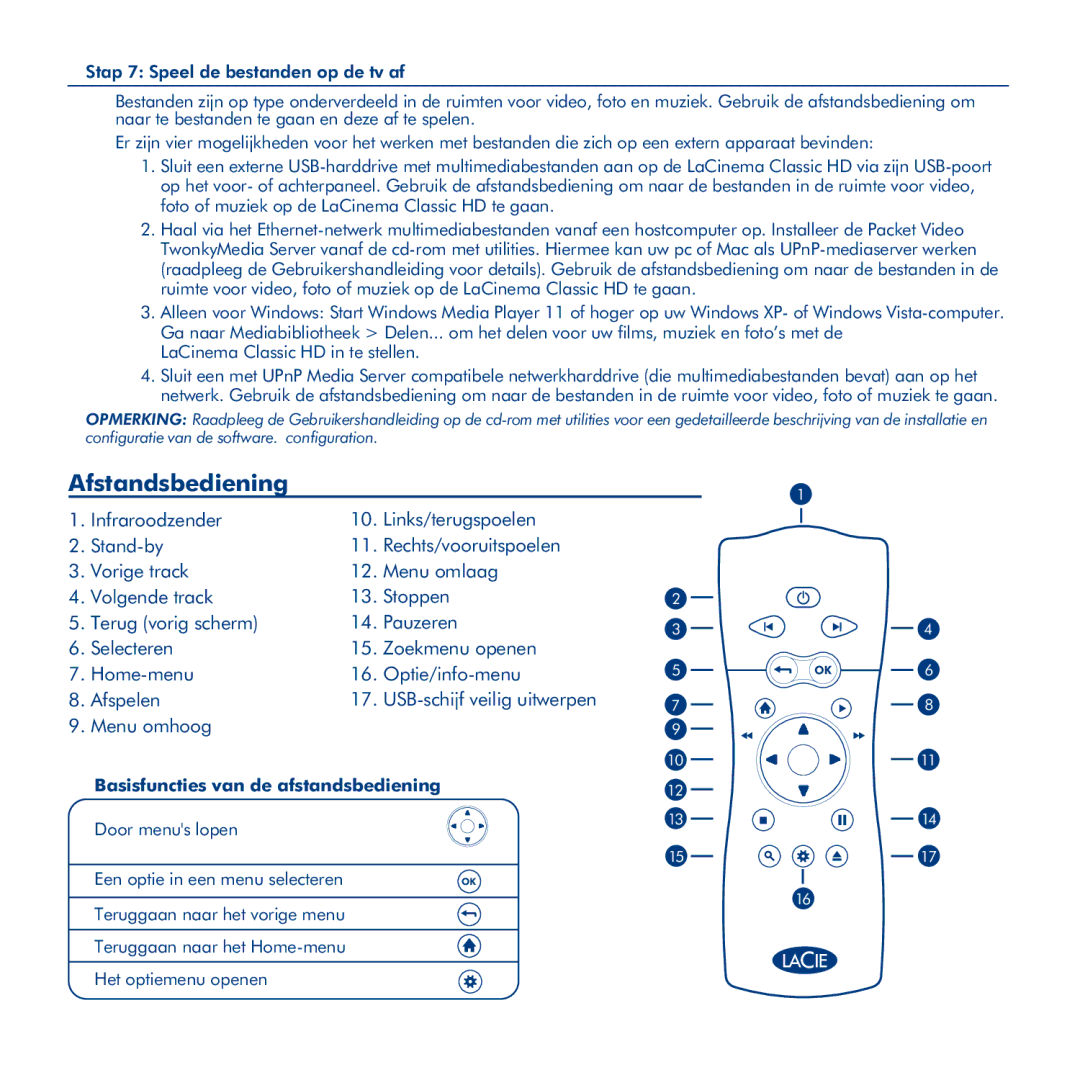 LaCie La Cinema Classic HD manual Afstandsbediening, Basisfuncties van de afstandsbediening 