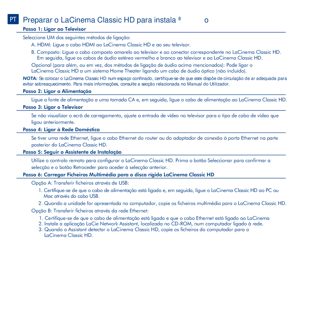 LaCie La Cinema Classic HD manual PT Preparar o LaCinema Classic HD para instalação 