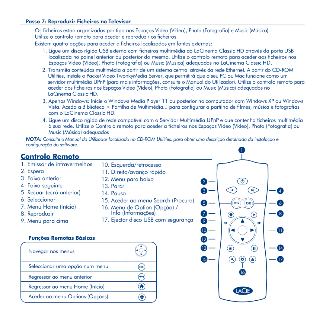 LaCie La Cinema Classic HD manual Controlo Remoto, Funções Remotas Básicas 