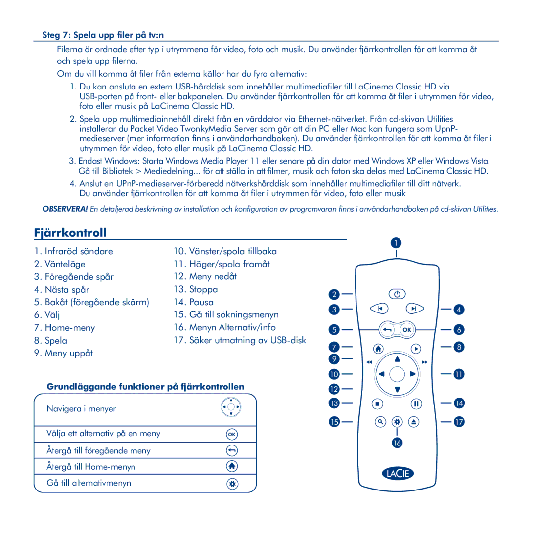 LaCie La Cinema Classic HD manual Fjärrkontroll, Grundläggande funktioner på fjärrkontrollen 