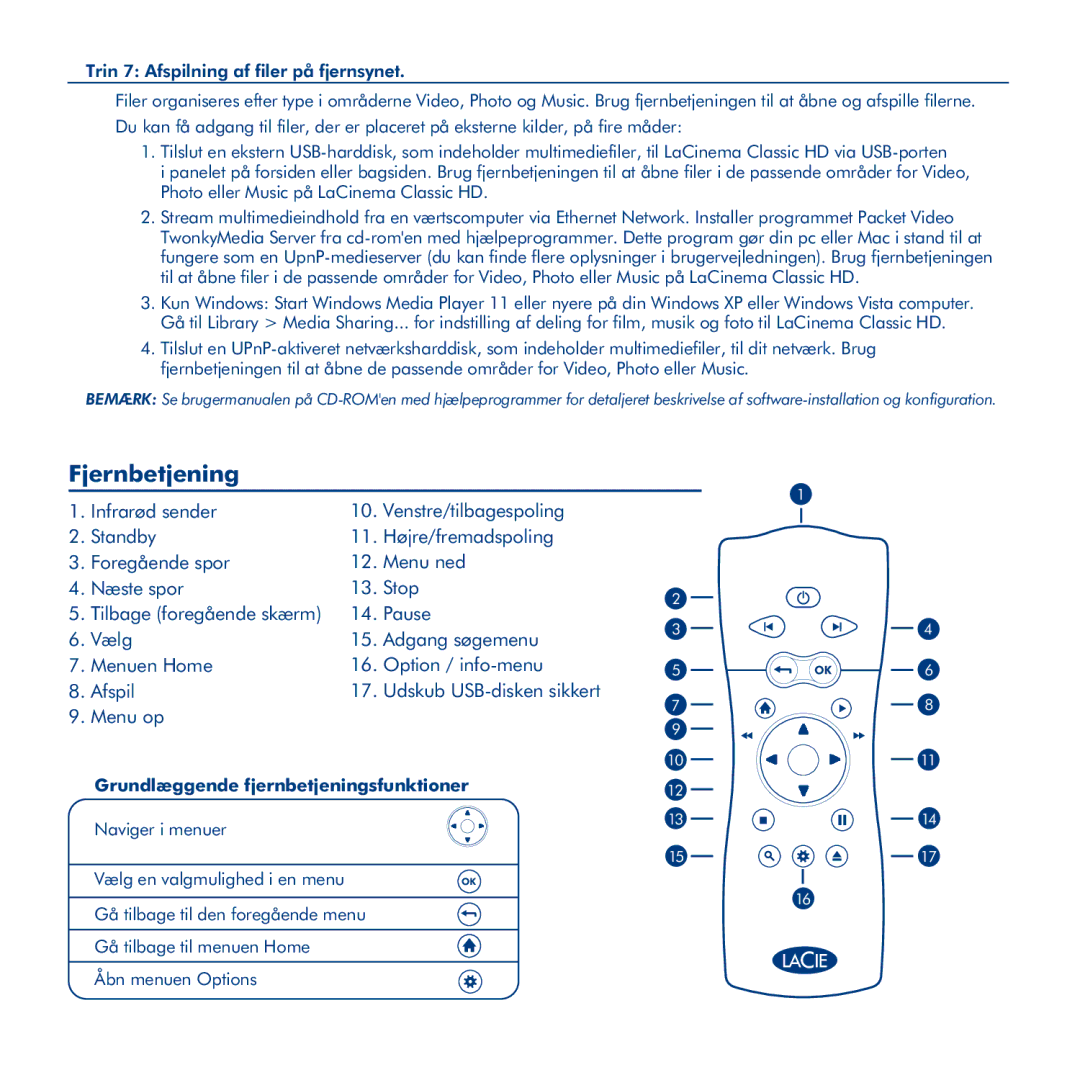 LaCie La Cinema Classic HD manual Fjernbetjening, Grundlæggende fjernbetjeningsfunktioner 