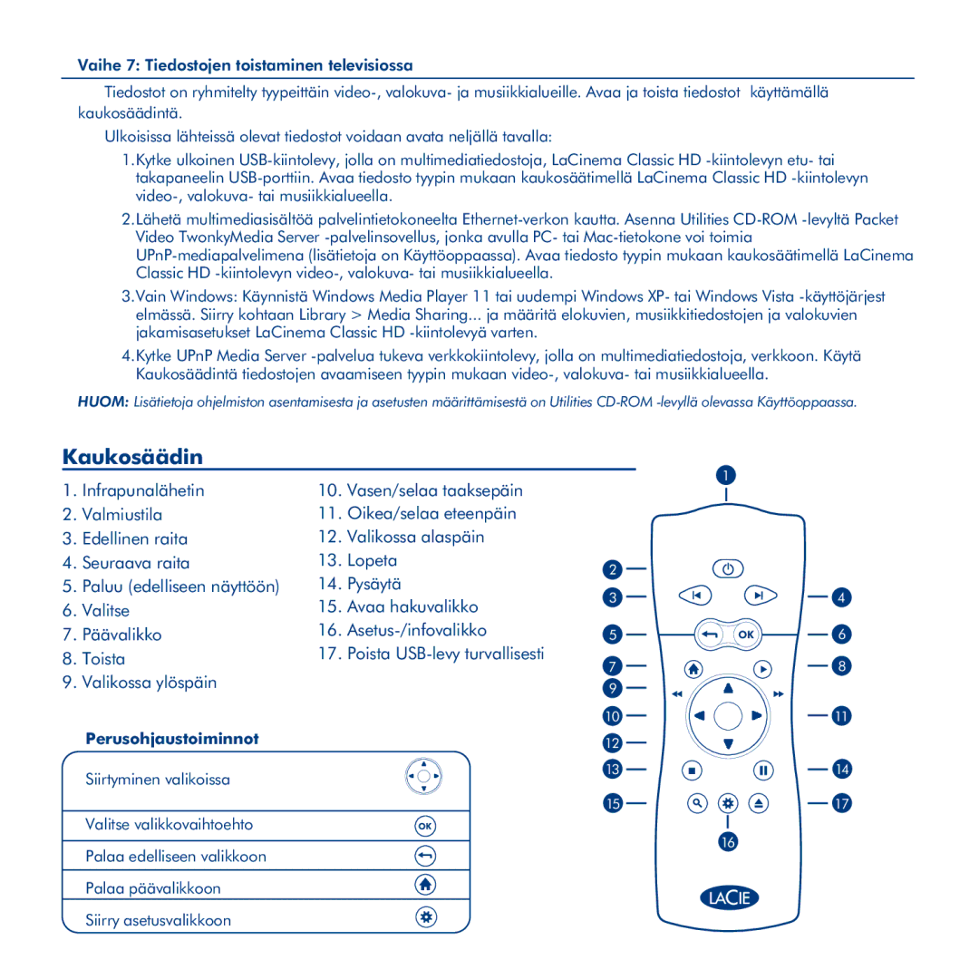 LaCie La Cinema Classic HD manual Kaukosäädin, Perusohjaustoiminnot 