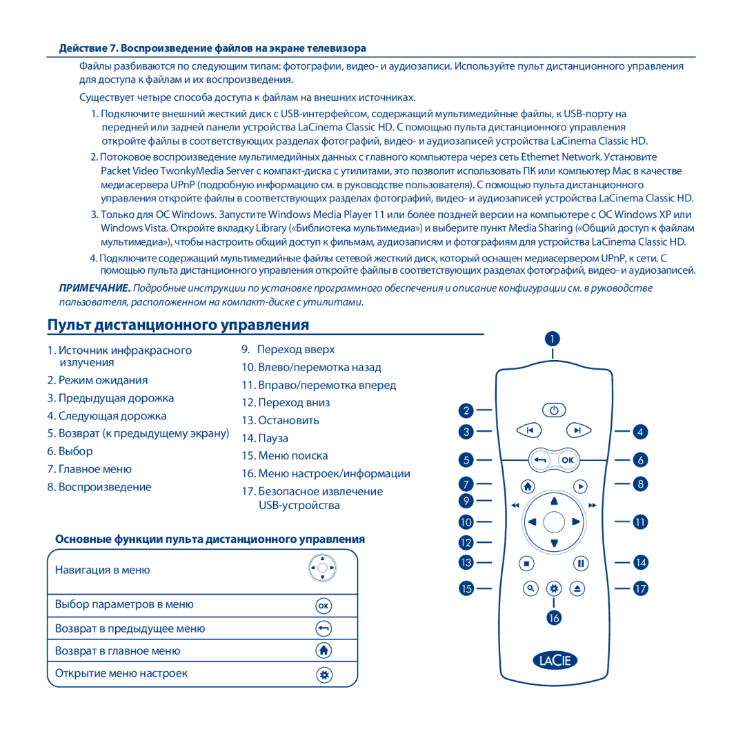 LaCie La Cinema Classic HD manual Пульт дистанционного управления, Основные функции пульта дистанционного управления 
