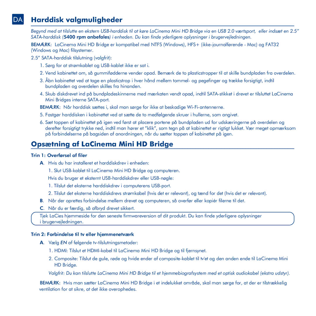 LaCie La Cinema Mini BridgeHD manual DA Harddisk valgmuligheder, Opsætning af LaCinema Mini HD Bridge 