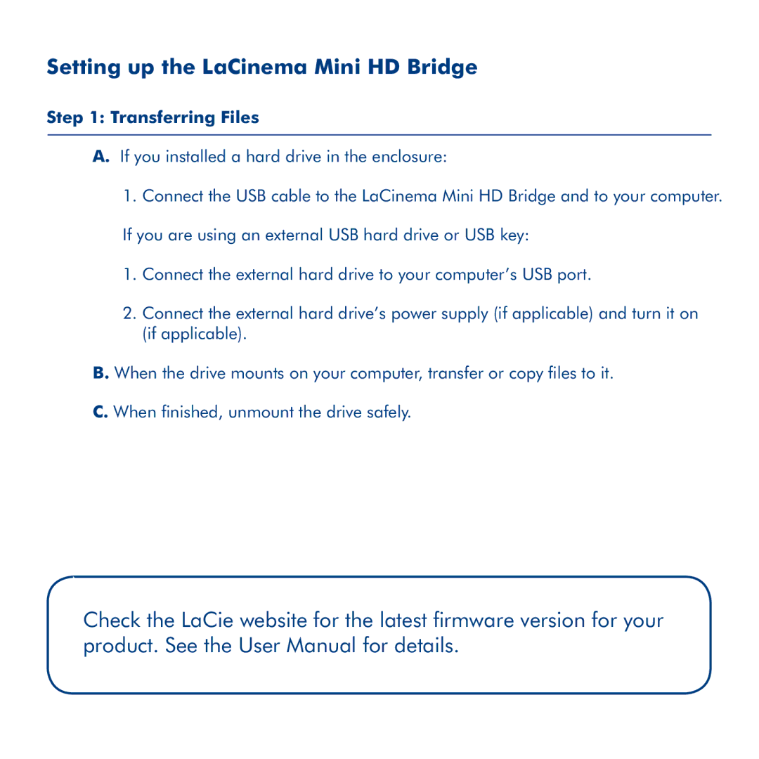 LaCie La Cinema Mini BridgeHD manual Setting up the LaCinema Mini HD Bridge, Transferring Files 