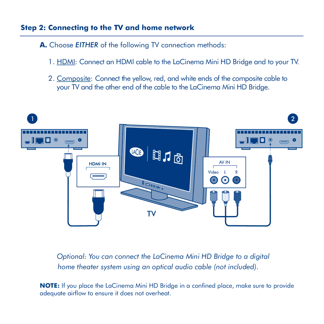 LaCie La Cinema Mini BridgeHD manual Connecting to the TV and home network 