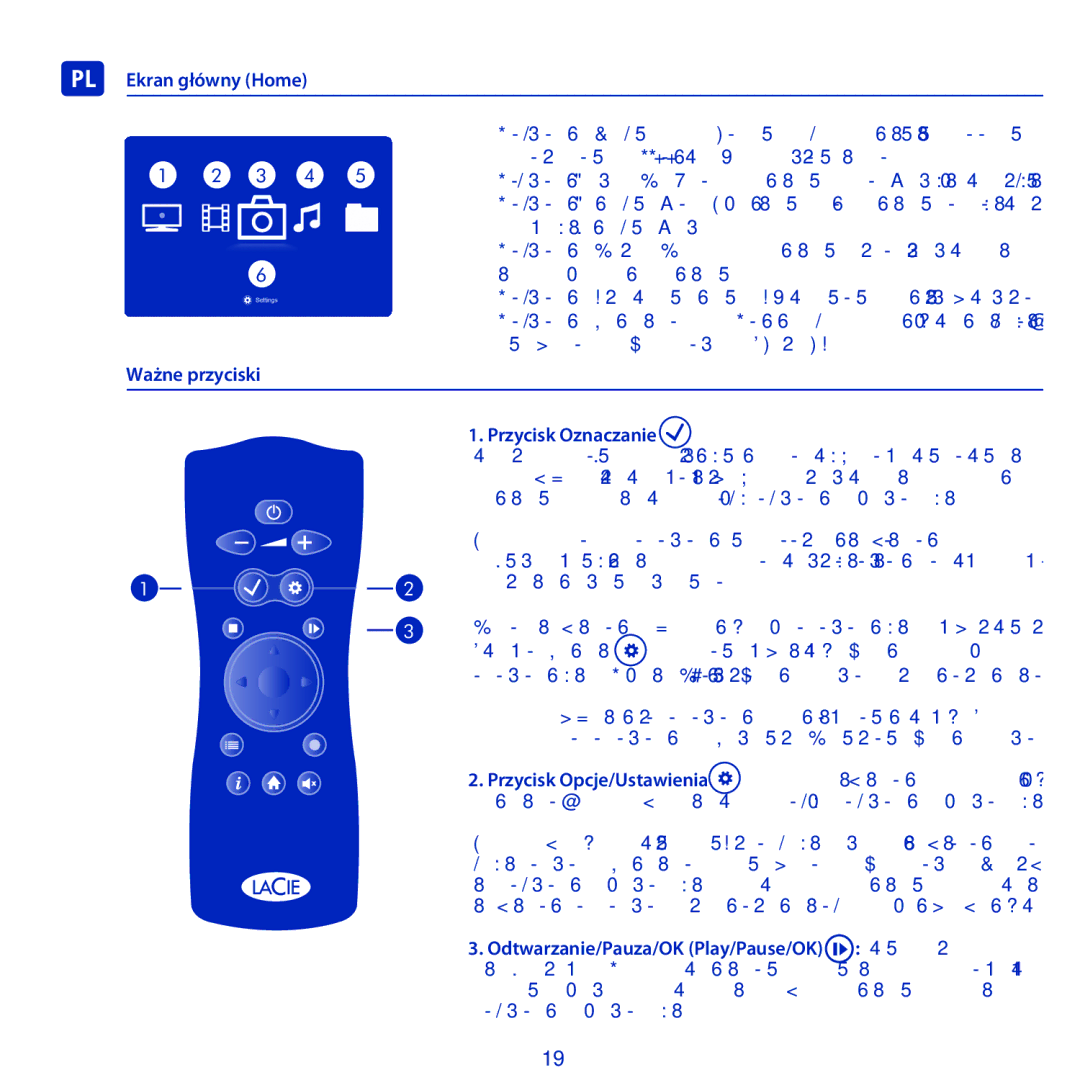 LaCie LaCinema Black Record manual PL Ekran główny Home, Ważne przyciski 