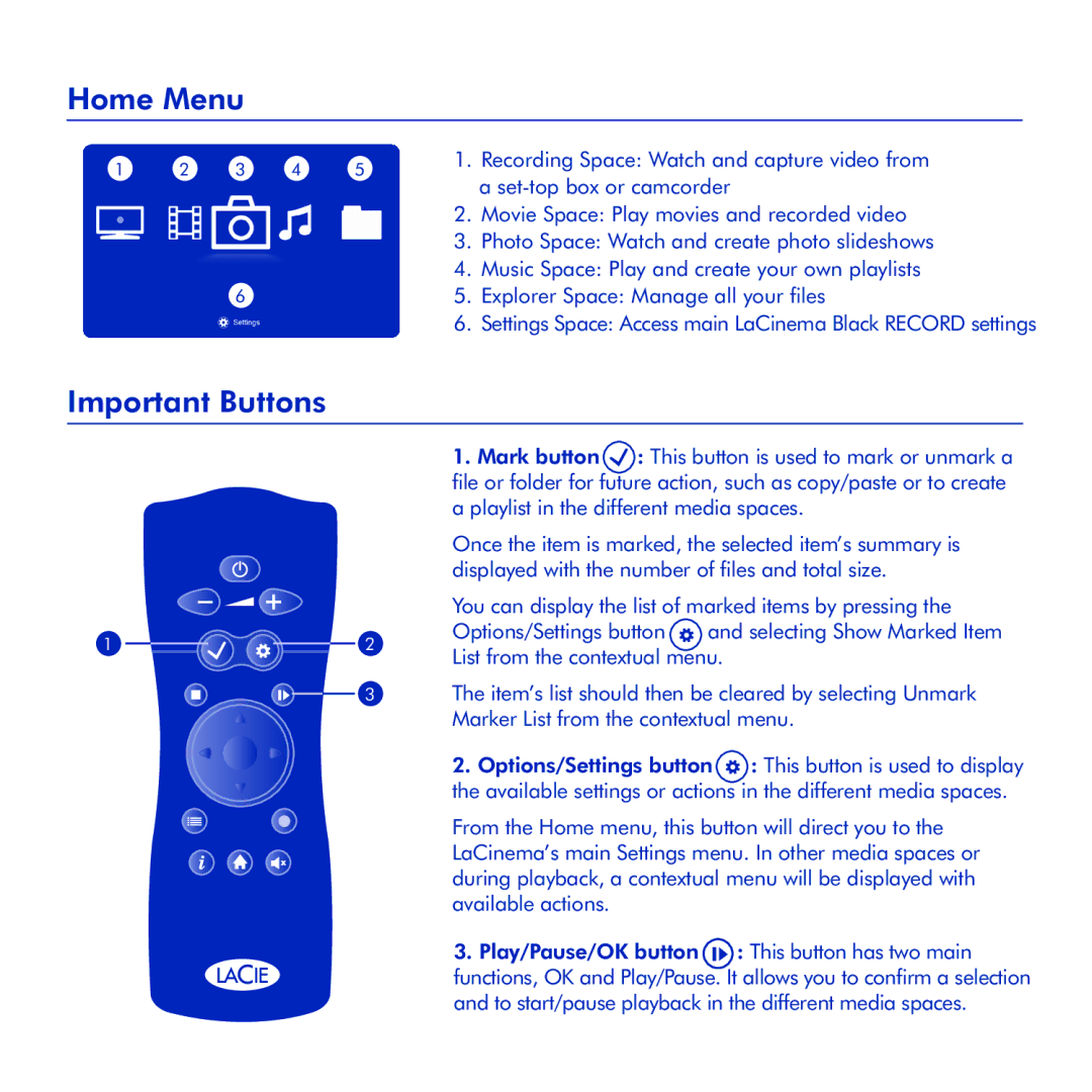 LaCie LaCinema Black Record manual Home Menu, Important Buttons 