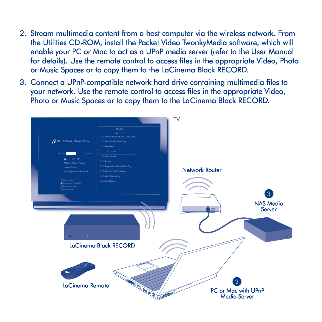 LaCie LaCinema Black Record manual TV Network Router, NAS Media Server LaCinema Black RECORD, LaCinema Remote 