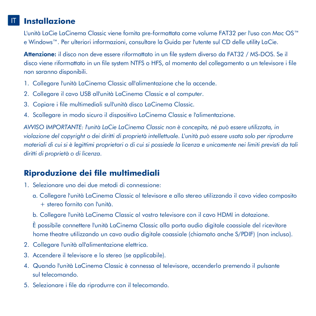 LaCie LaCinema Classic manual IT Installazione, ?? Riproduzione dei file multimediali 
