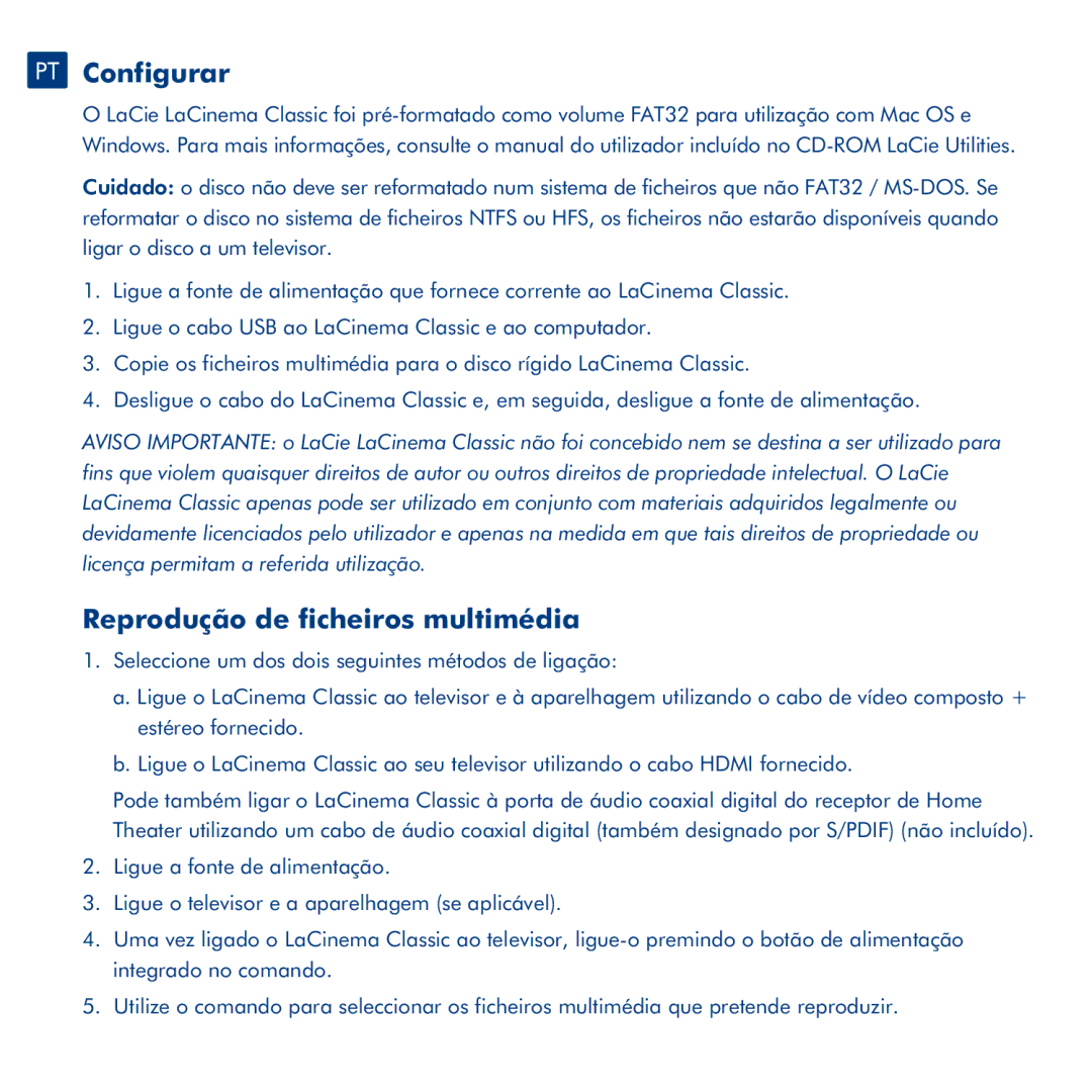 LaCie LaCinema Classic manual PT Configurar, ?? Reprodução de ficheiros multimédia 