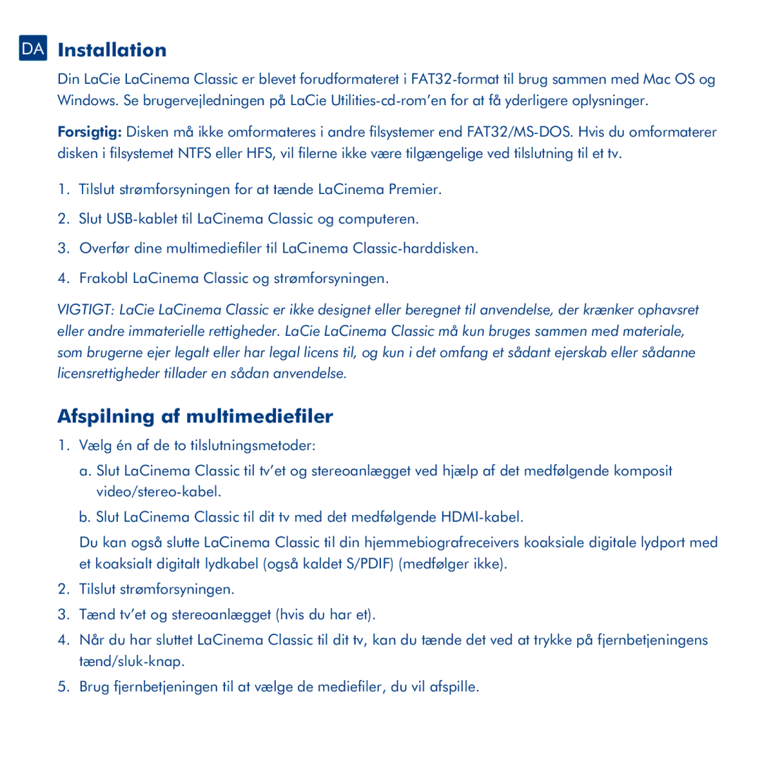 LaCie LaCinema Classic manual DA Installation, ?? Afspilning af multimediefiler 