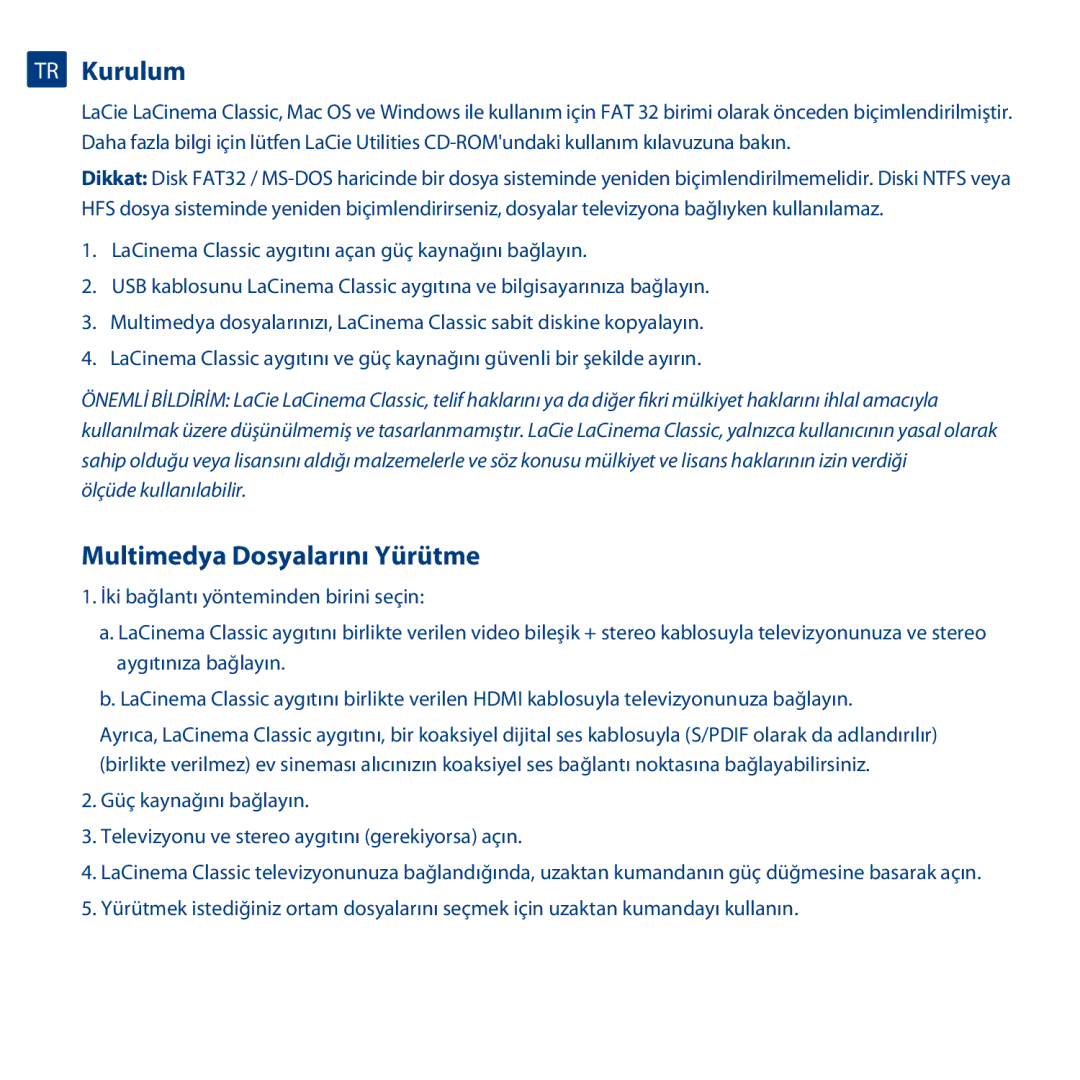 LaCie LaCinema Classic manual TR Kurulum, Multimedya Dosyalarını Yürütme 