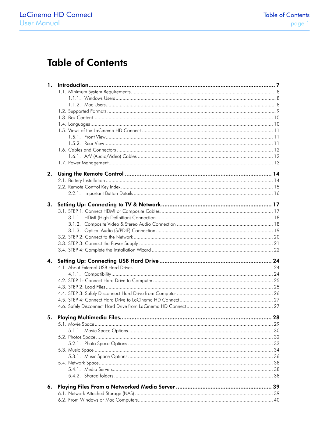 LaCie LaCinema HD Connect user manual Table of Contents 