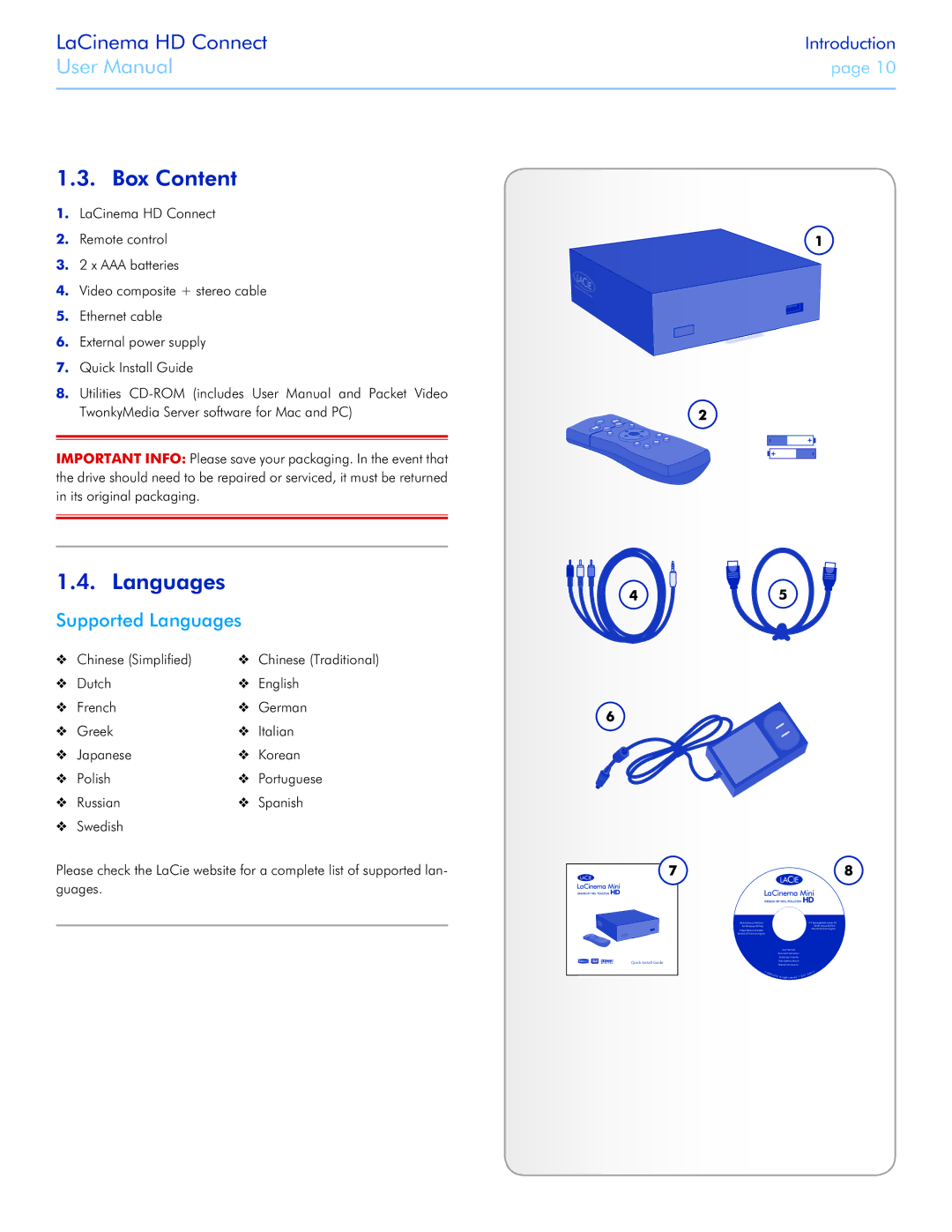 LaCie LaCinema HD Connect user manual Box Content, Supported Languages 