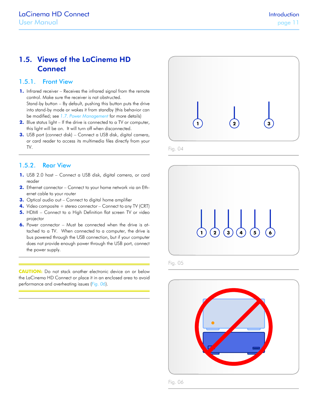 LaCie user manual Views of the LaCinema HD Connect, Front View, Rear View 