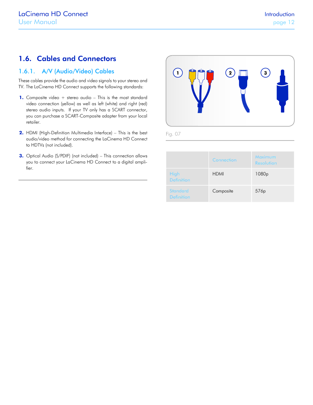 LaCie LaCinema HD Connect user manual Cables and Connectors, 1. A/V Audio/Video Cables 