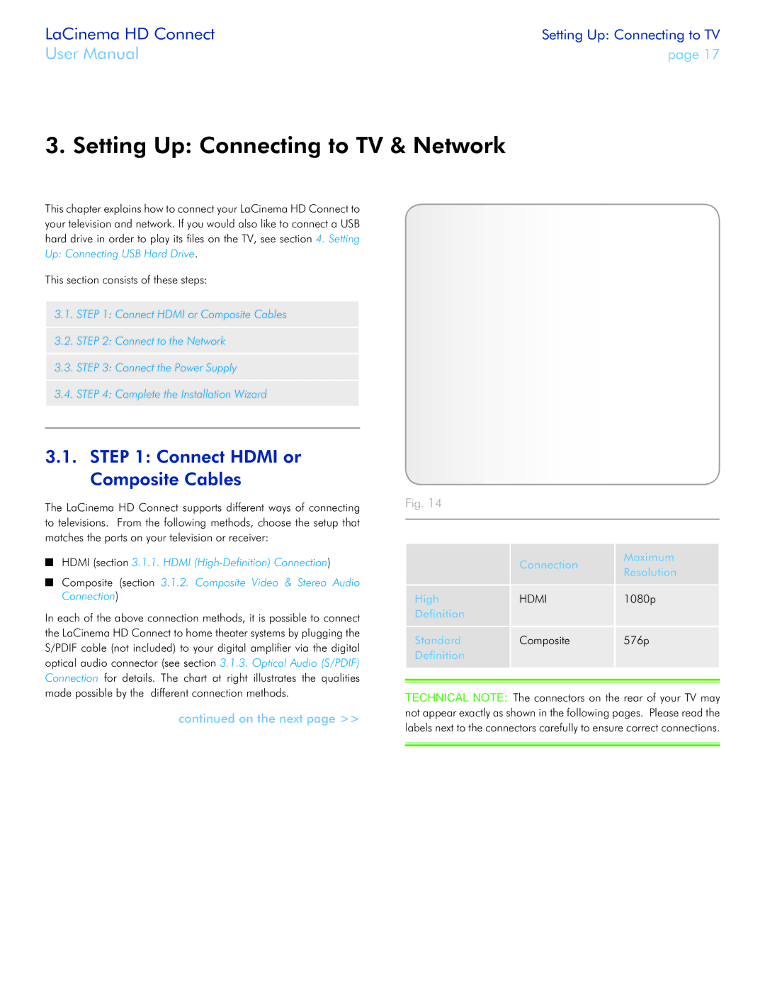 LaCie LaCinema HD Connect user manual Setting Up Connecting to TV & Network, Connect Hdmi or Composite Cables, On the next 