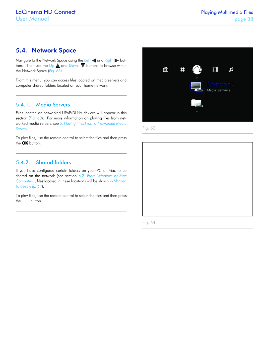 LaCie LaCinema HD Connect user manual Network Space, Media Servers, Shared folders 