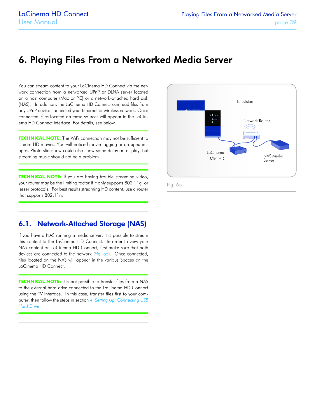 LaCie LaCinema HD Connect user manual Playing Files From a Networked Media Server, Network-Attached Storage NAS 