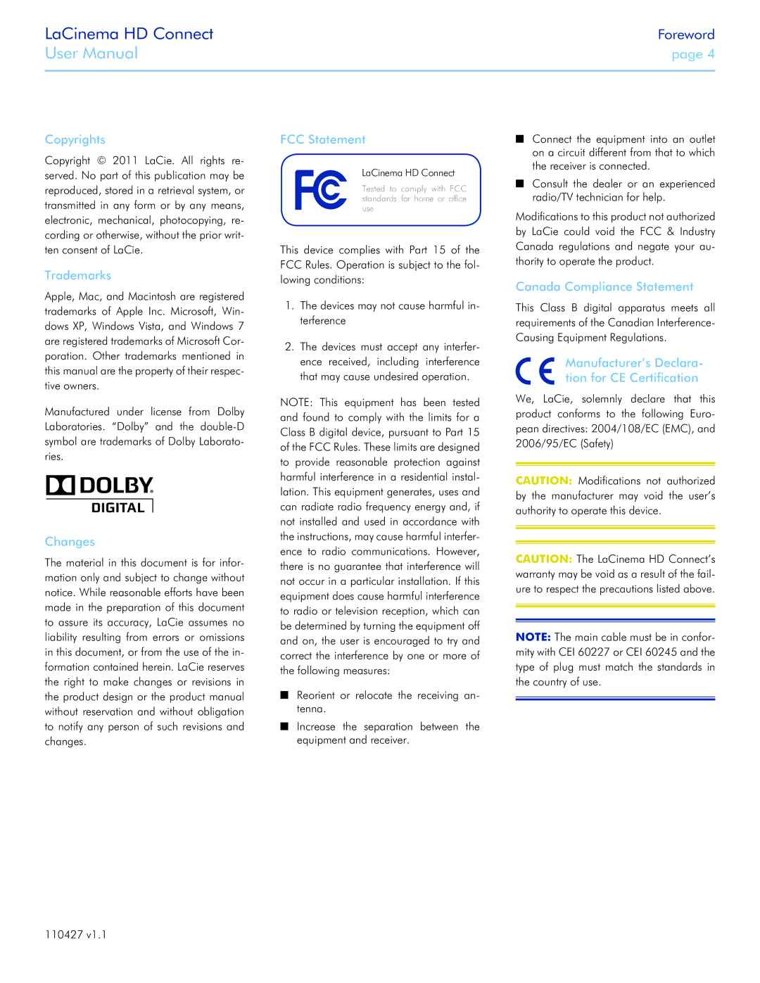 LaCie LaCinema HD Connect user manual Copyrights, Trademarks, Changes, FCC Statement, Canada Compliance Statement 