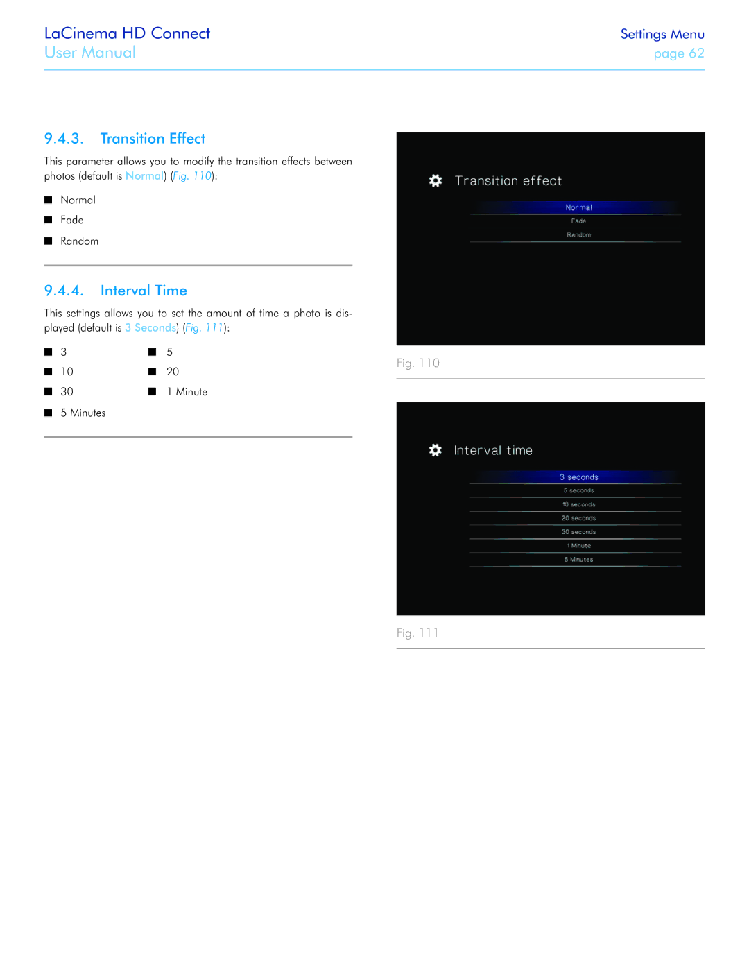 LaCie LaCinema HD Connect user manual Transition Effect, Interval Time 