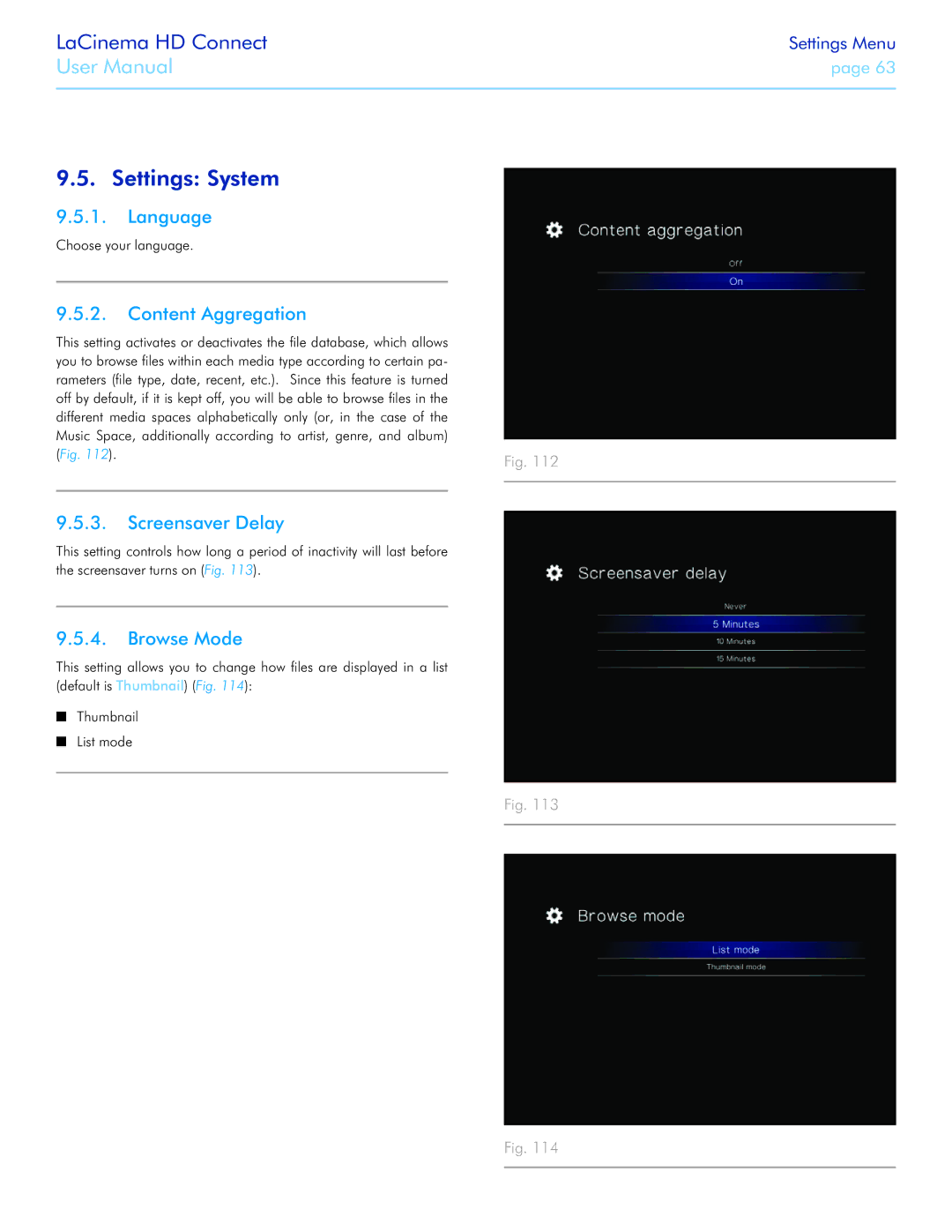 LaCie LaCinema HD Connect user manual Settings System, Language, Content Aggregation, Screensaver Delay, Browse Mode 