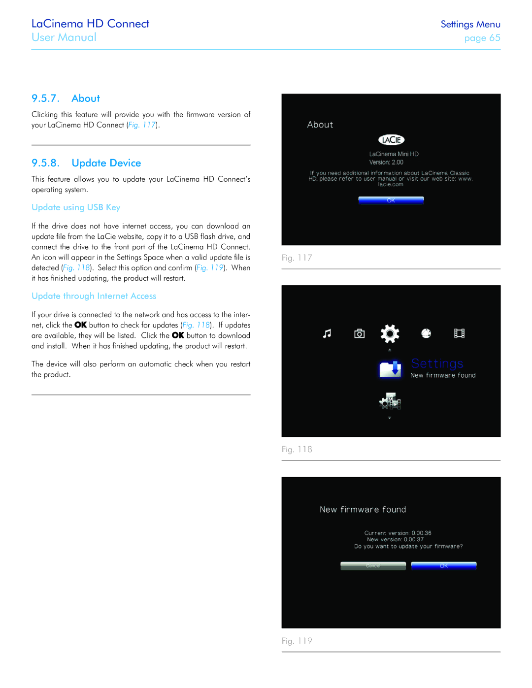 LaCie LaCinema HD Connect user manual About, Update Device, Update using USB Key, Update through Internet Access 