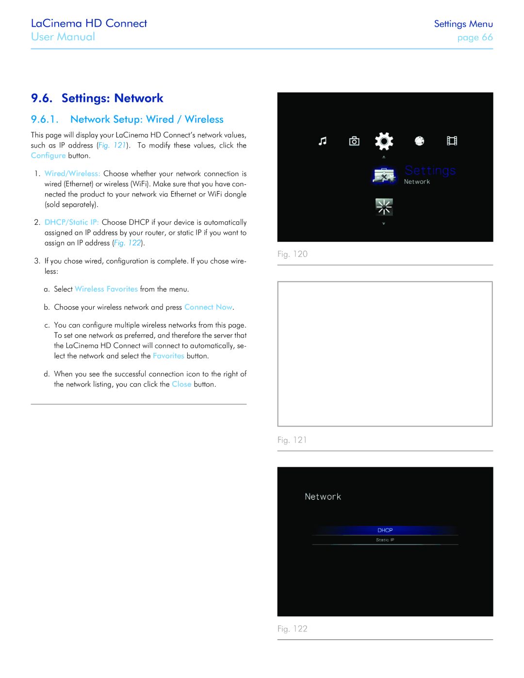 LaCie LaCinema HD Connect user manual Settings Network, Network Setup Wired / Wireless 