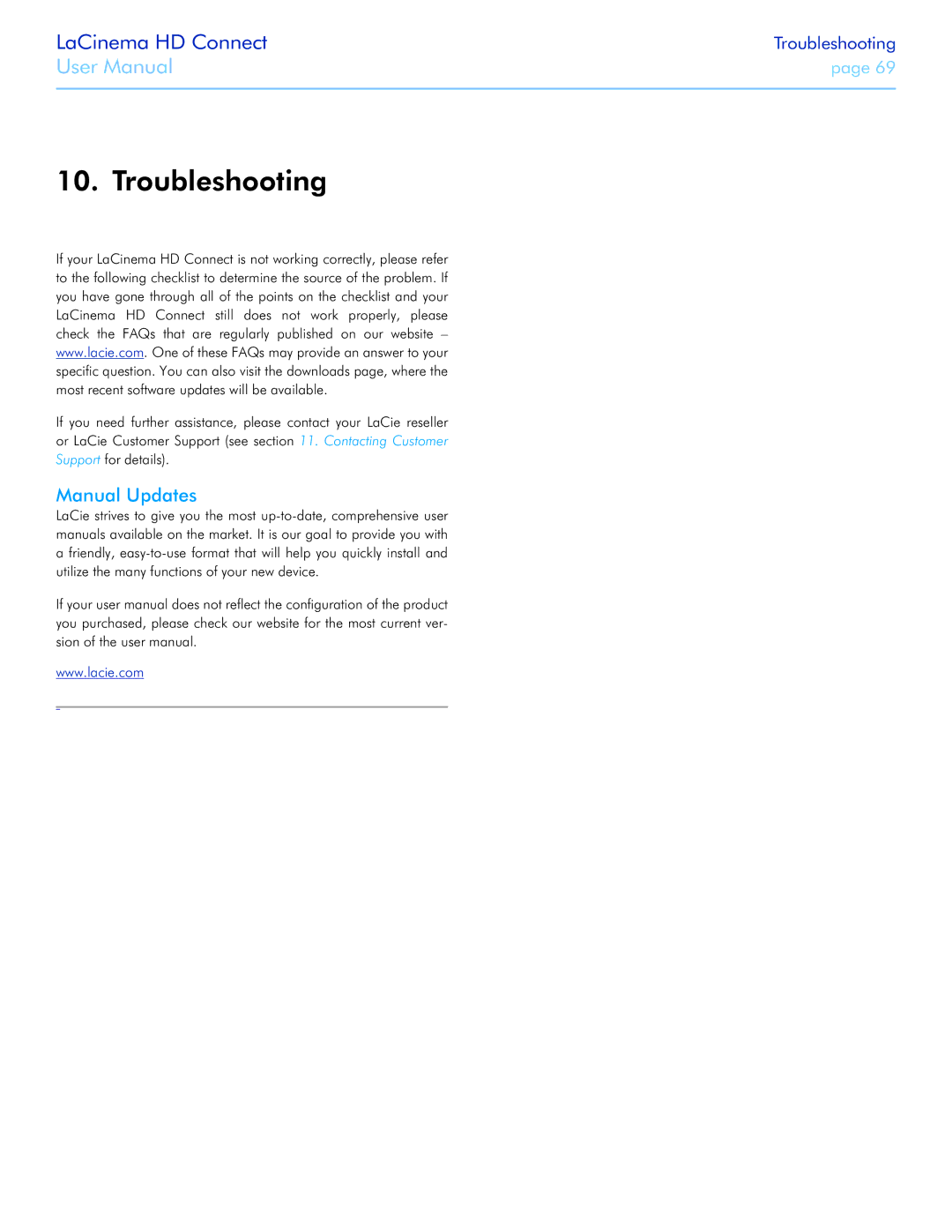 LaCie LaCinema HD Connect user manual Troubleshooting, Manual Updates 
