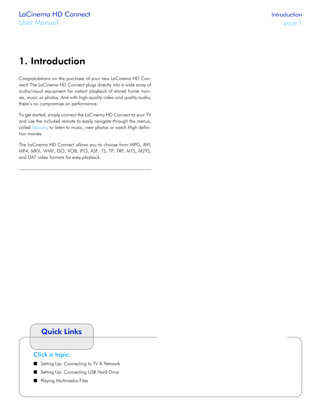 LaCie LaCinema HD Connect user manual Introduction, Quick Links, Click a topic 
