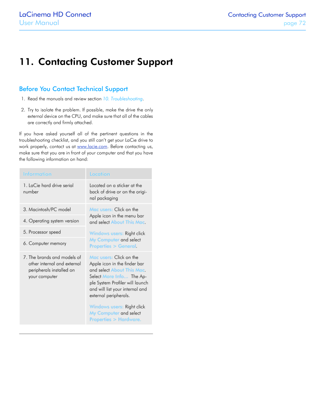 LaCie LaCinema HD Connect Contacting Customer Support, Before You Contact Technical Support, Information Location 