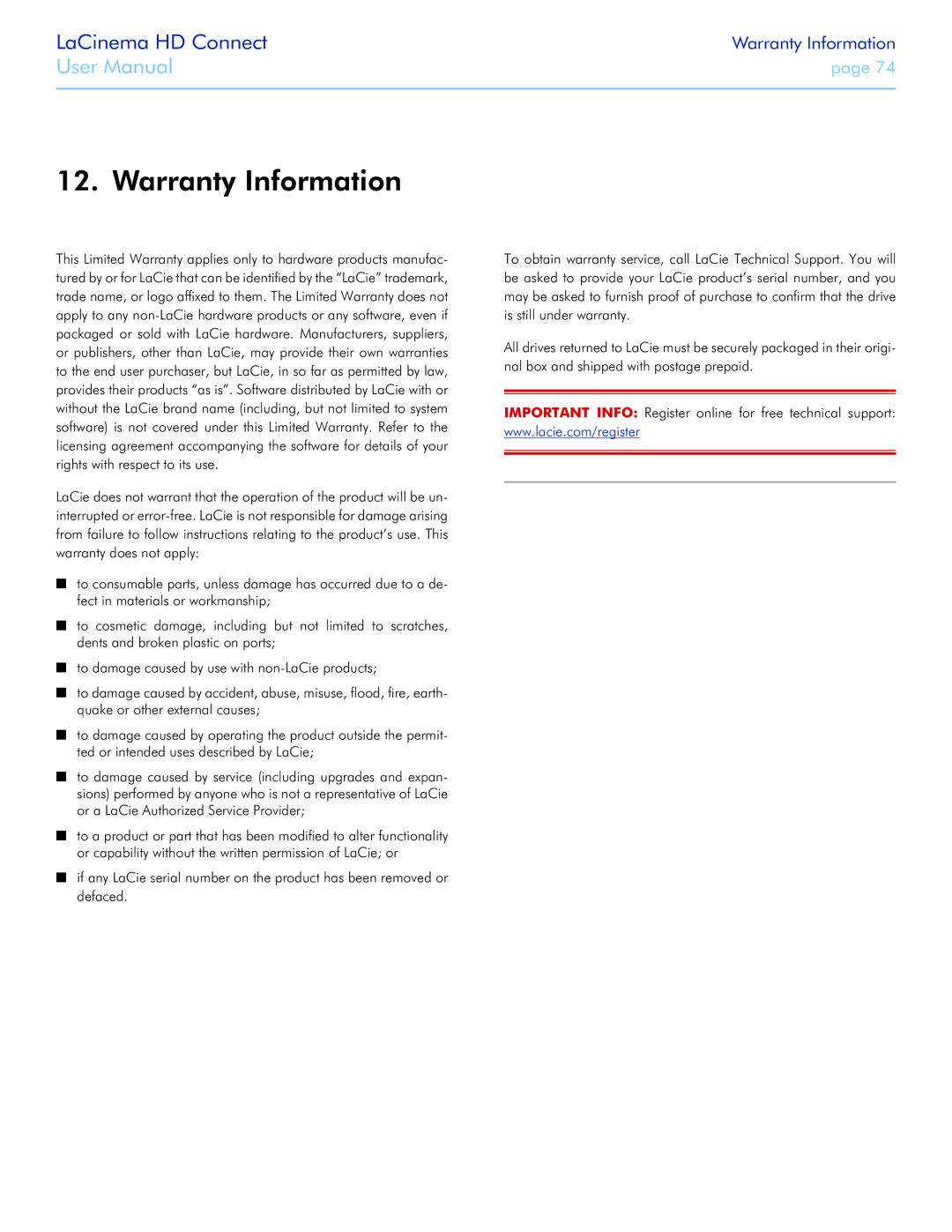 LaCie LaCinema HD Connect user manual Warranty Information 