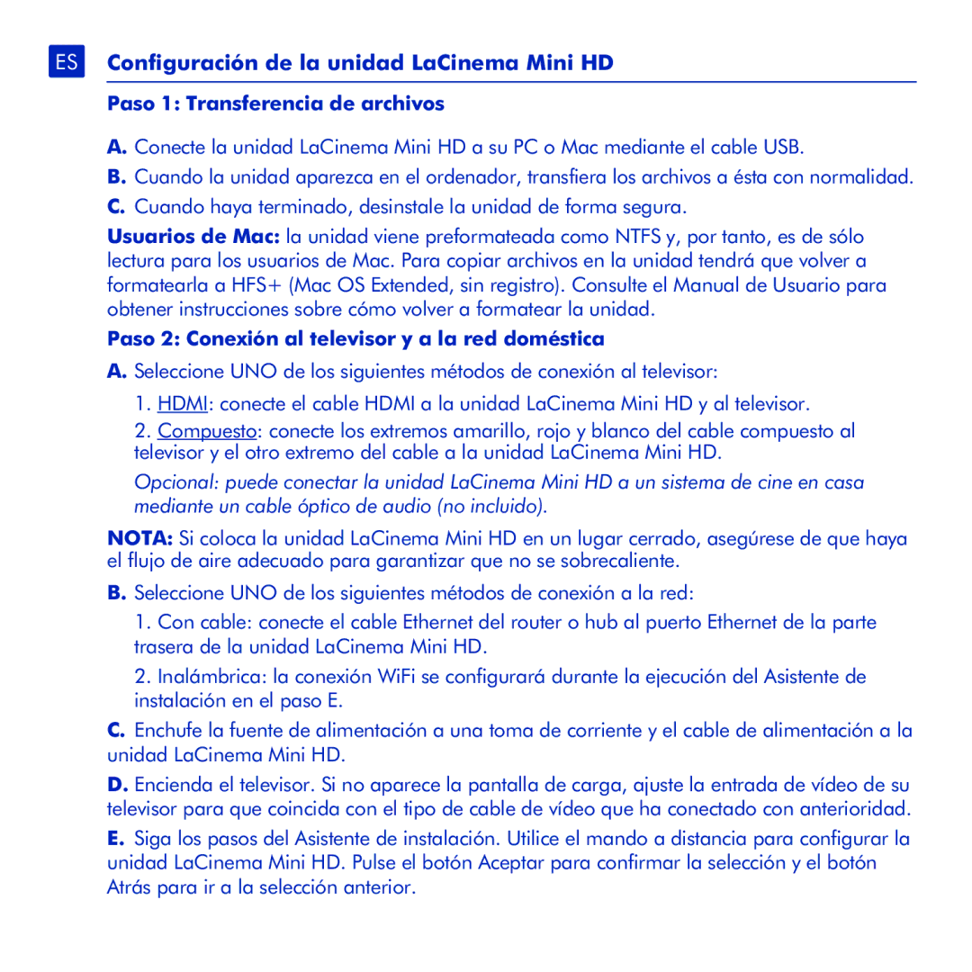 LaCie manual ES Configuración de la unidad LaCinema Mini HD, Paso 1 Transferencia de archivos 