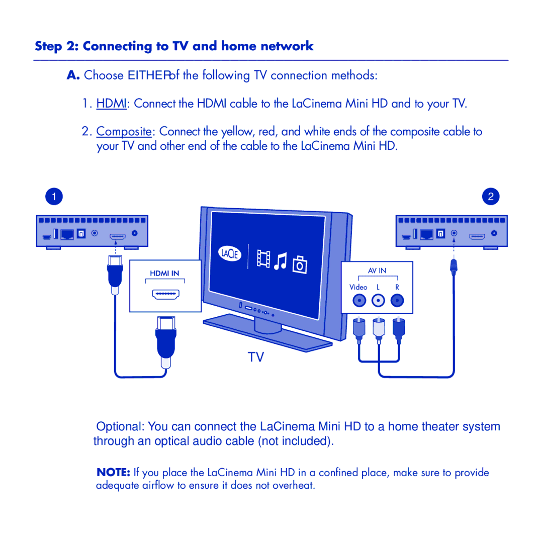 LaCie LaCinema Mini HD manual Connecting to TV and home network 