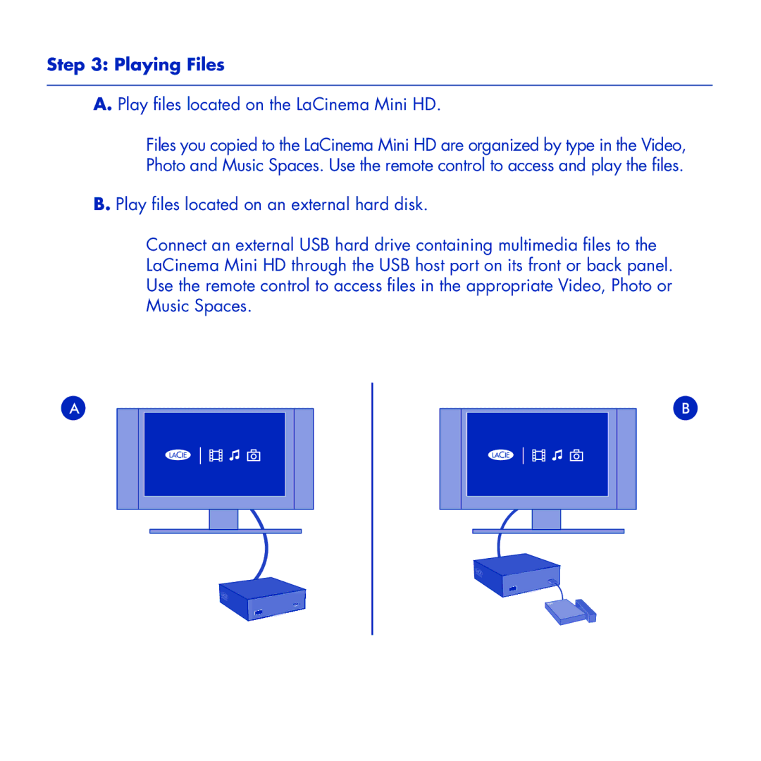 LaCie manual Playing Files, Play files located on the LaCinema Mini HD 