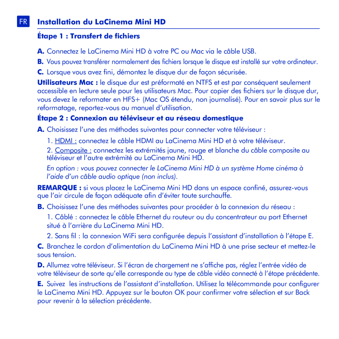 LaCie manual FR Installation du LaCinema Mini HD, Étape 1 Transfert de fichiers 