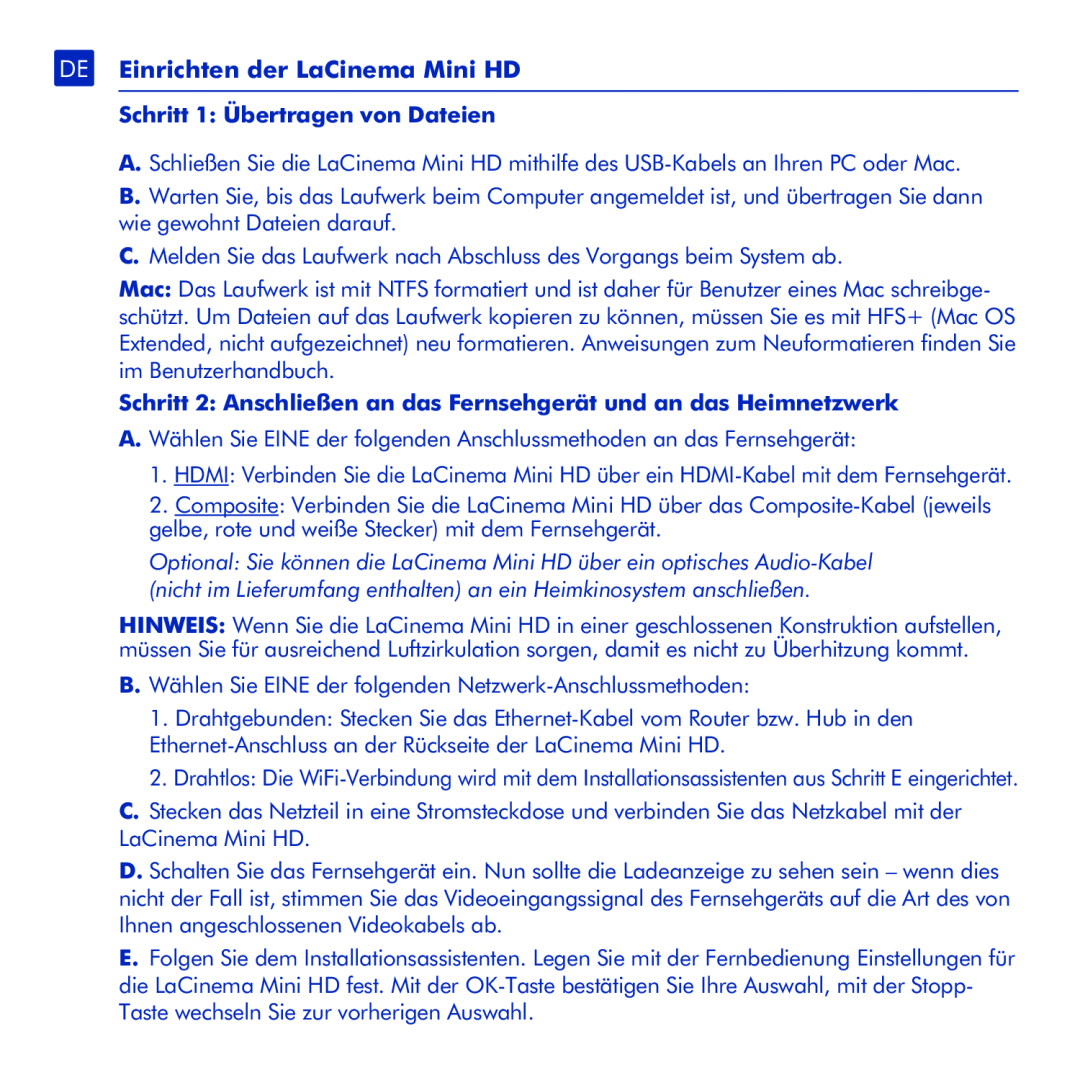 LaCie manual DE Einrichten der LaCinema Mini HD, Schritt 1 Übertragen von Dateien 