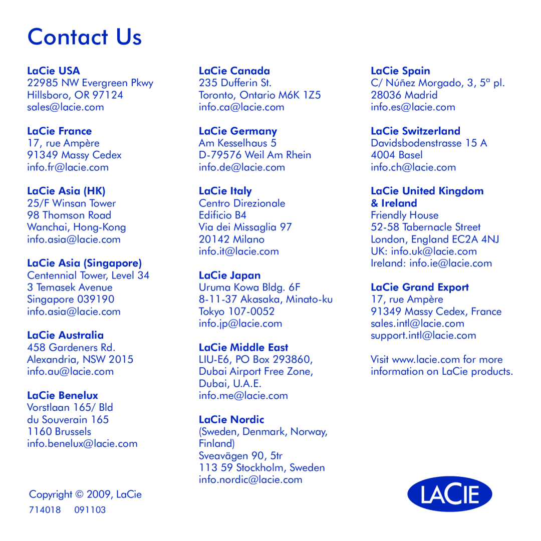 LaCie LaCinema Mini HD manual Contact Us, information on LaCie products, 714018 