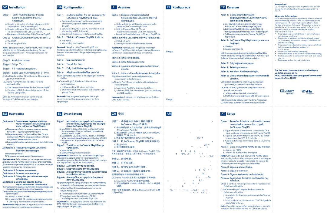 LaCie LaCinema Play HD user manual Sves Installation, Daes Konfiguration, Esfi Asennus, Ptes Setup 