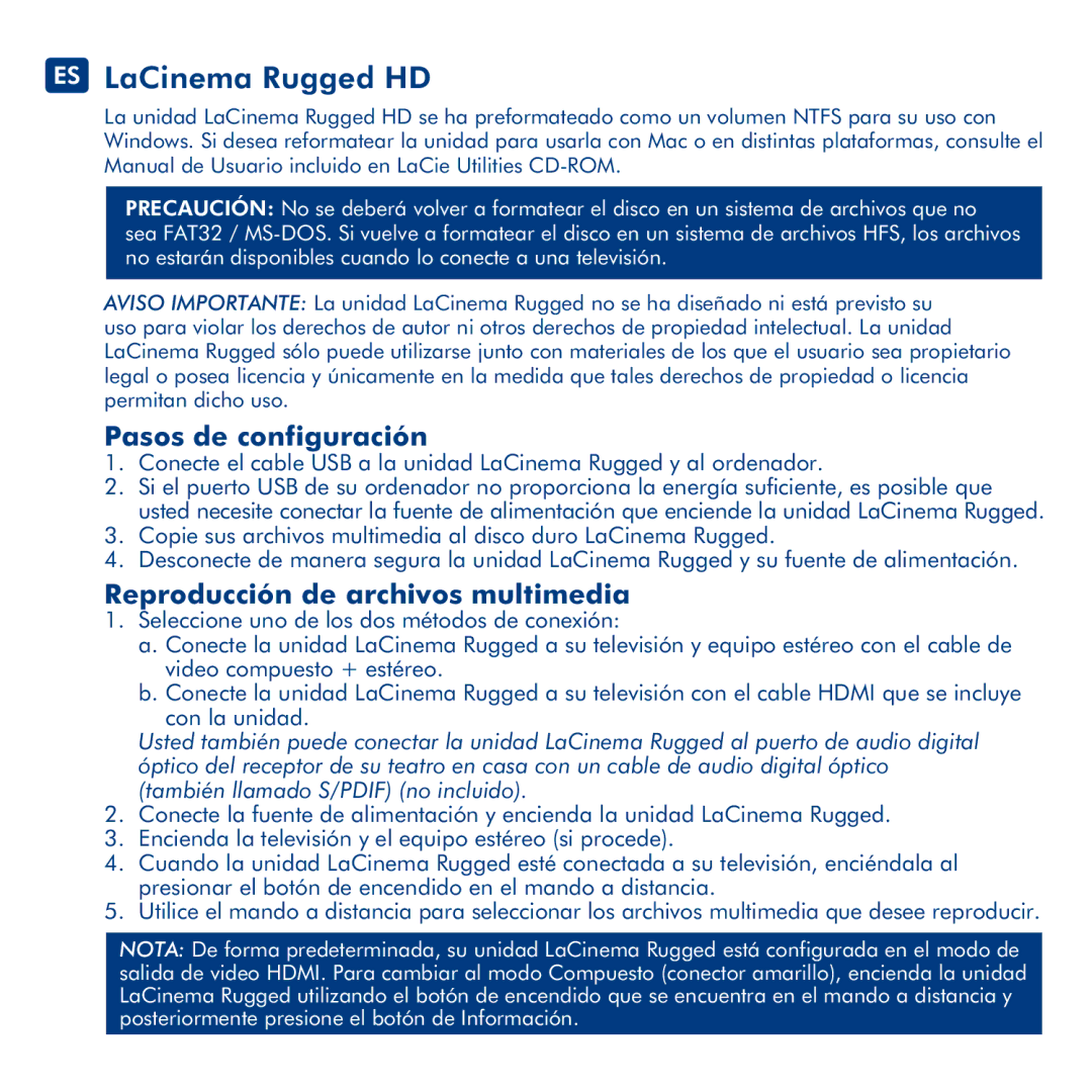 LaCie manual ES LaCinema Rugged HD, Pasos de configuración, Reproducción de archivos multimedia 