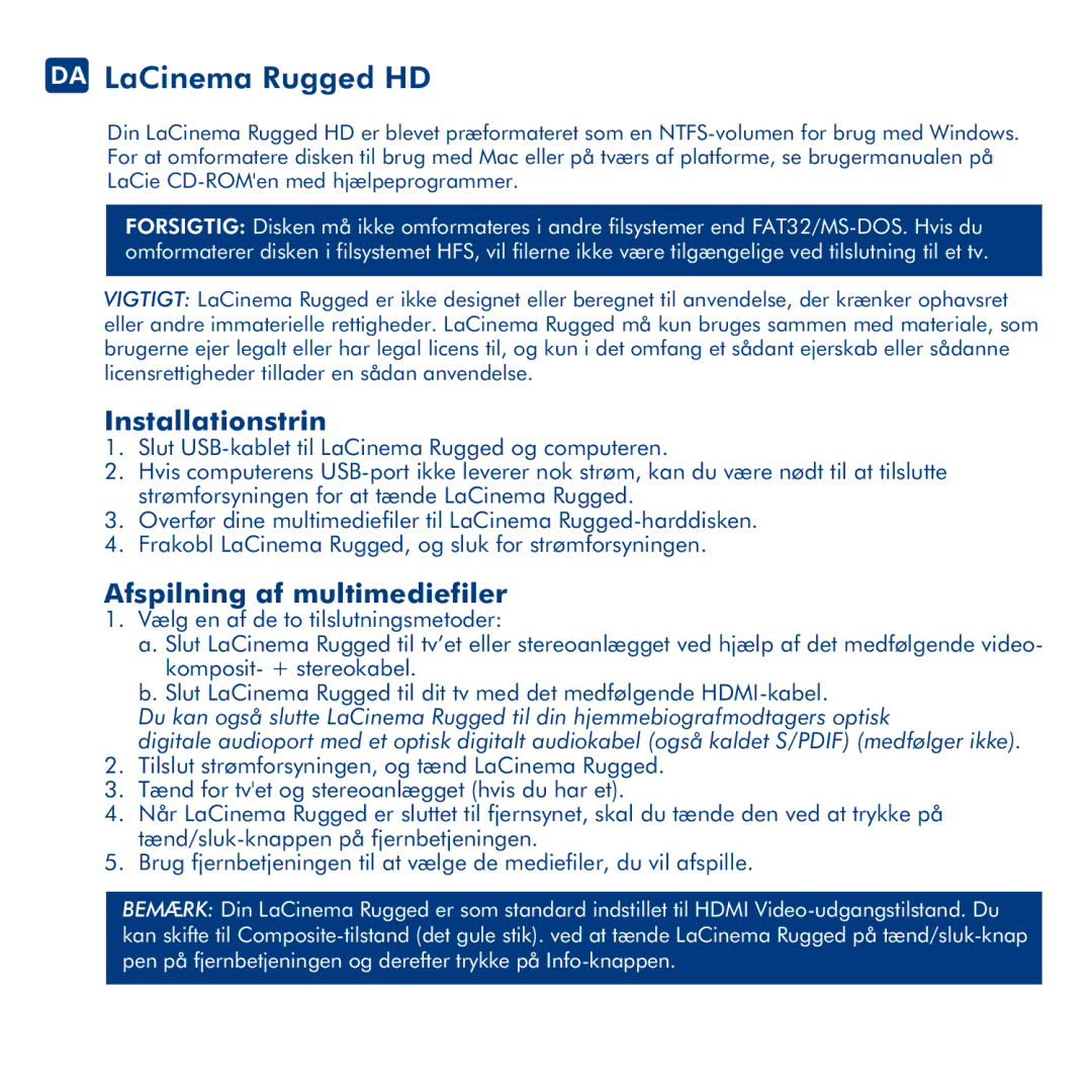 LaCie manual DA LaCinema Rugged HD, Installationstrin, Afspilning af multimediefiler 