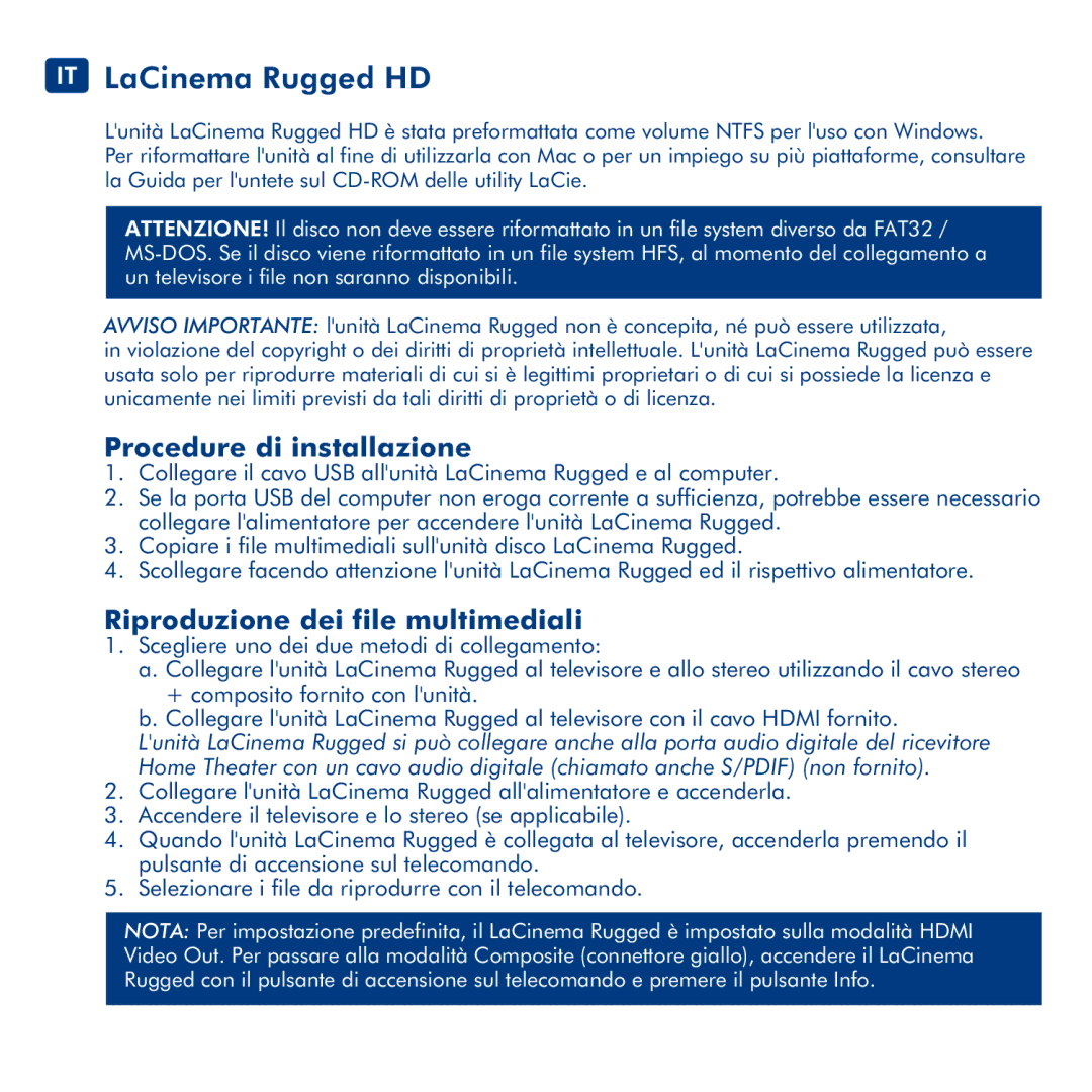 LaCie manual IT LaCinema Rugged HD, Procedure di installazione, Riproduzione dei file multimediali 