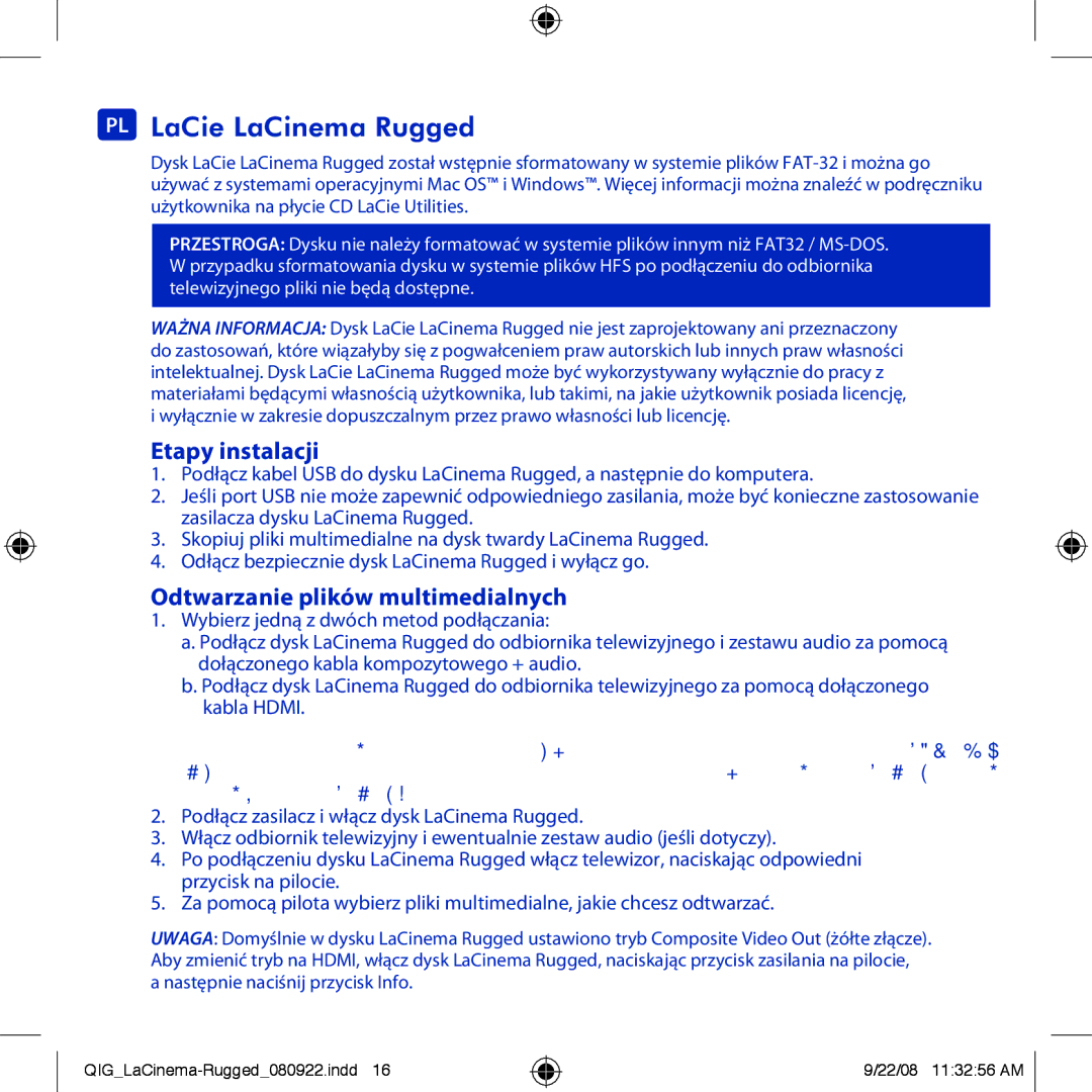 LaCie manual PL LaCie LaCinema Rugged, Etapy instalacji, Odtwarzanie plików multimedialnych 