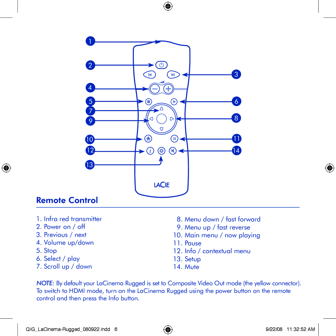 LaCie LaCinema Rugged manual Remote Control 