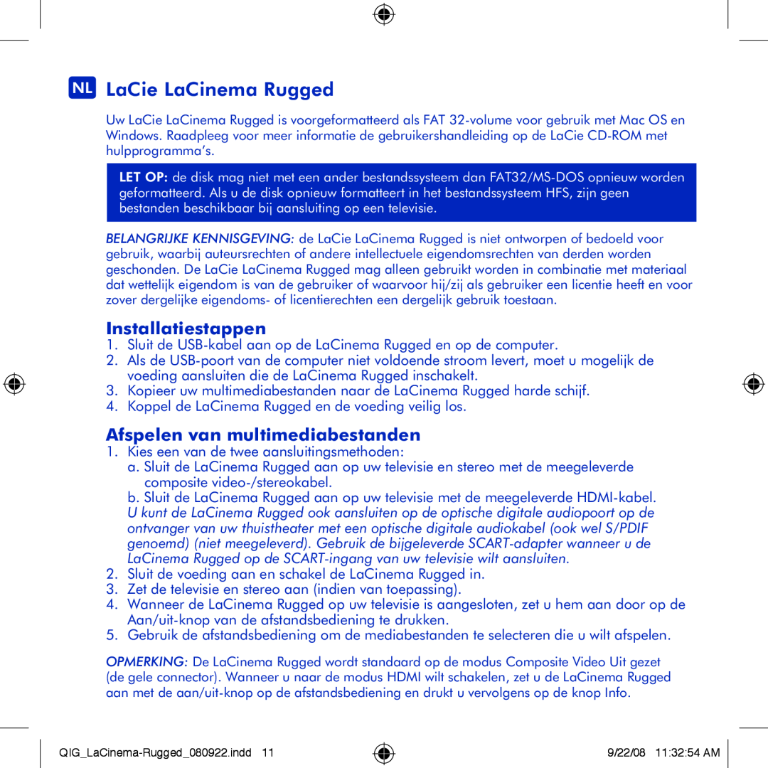 LaCie manual NL LaCie LaCinema Rugged, Installatiestappen, Afspelen van multimediabestanden 
