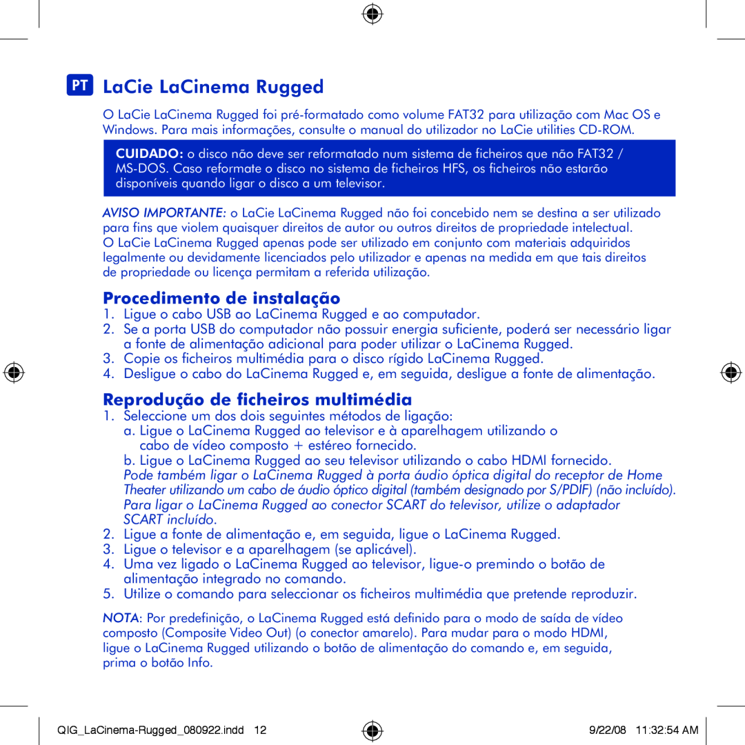 LaCie manual PT LaCie LaCinema Rugged, Procedimento de instalação, Reprodução de ficheiros multimédia 